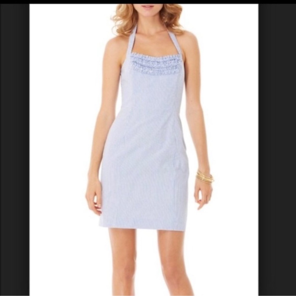 Lilly Pulitzer Seersucker Gingham Blue And White Stripes Halter Dress. Size 8